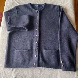 Karen Scott pure wool cardigan with gold basket buttons, navy blue, size large